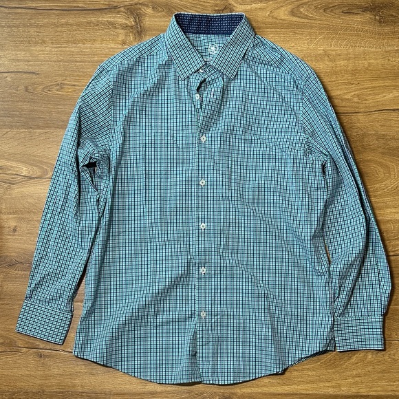 Bugatchi Men's Green and Navy Checkered Shirt Neck 17.5 Sleeve 34/35